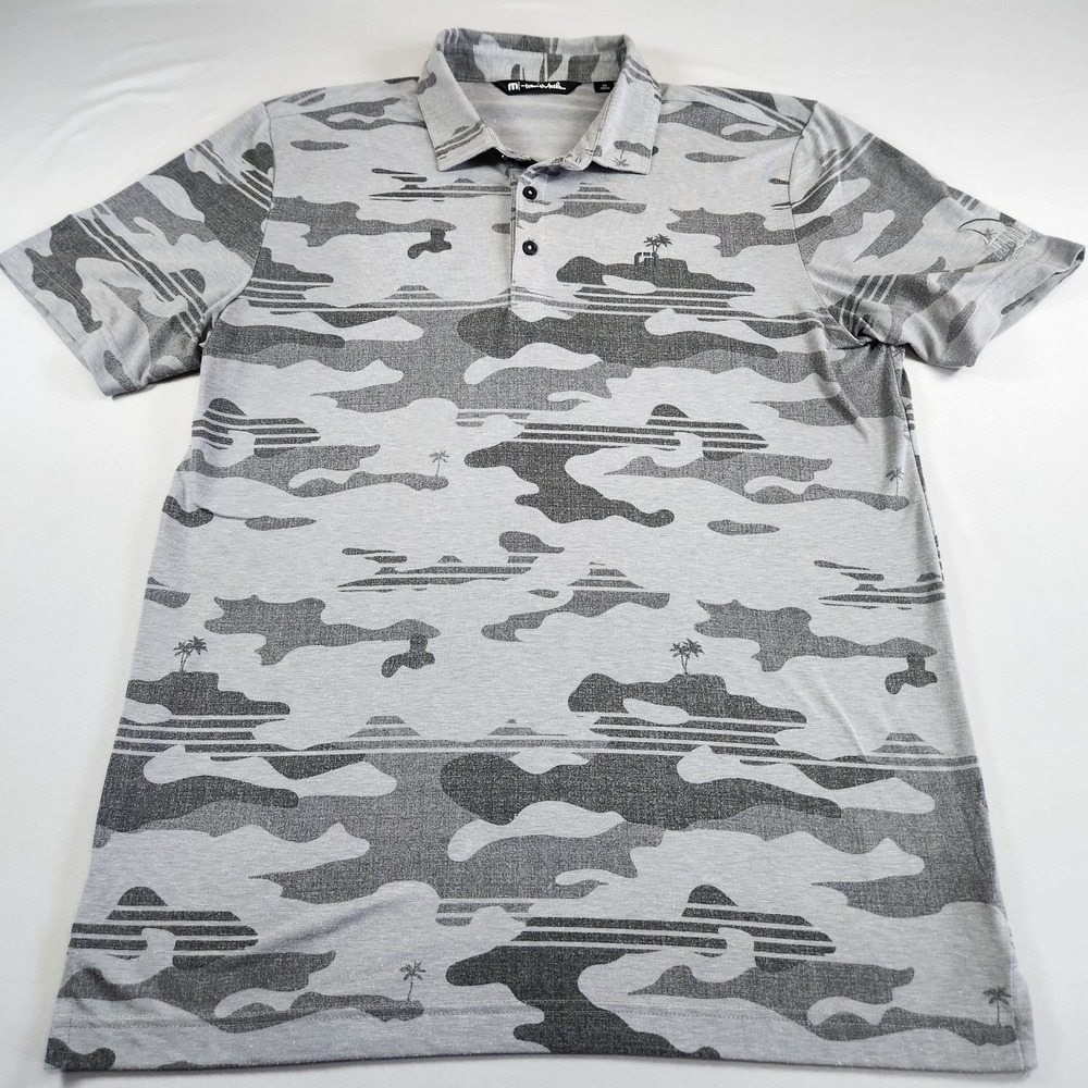 Travis Mathew Polo Shirt Men M Gray Camo Print Golf Tiburon Performance Stretch